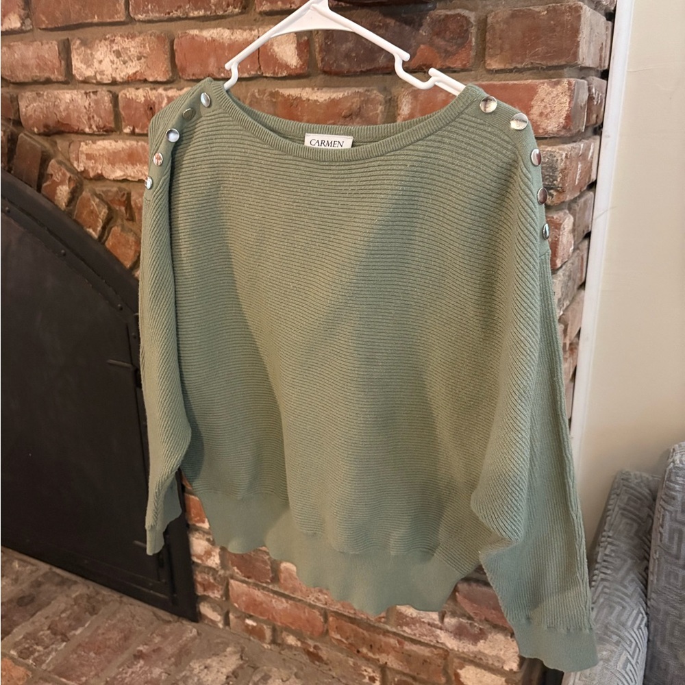 Carmen Green Button-Shoulder Sweater